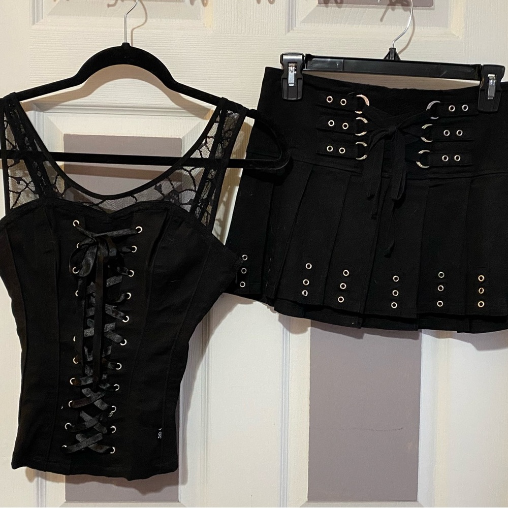ROYAL BONES RIVETED MINI SKIRT SIZE MEDIUM AND LACE UP TOP SIZE SMALL